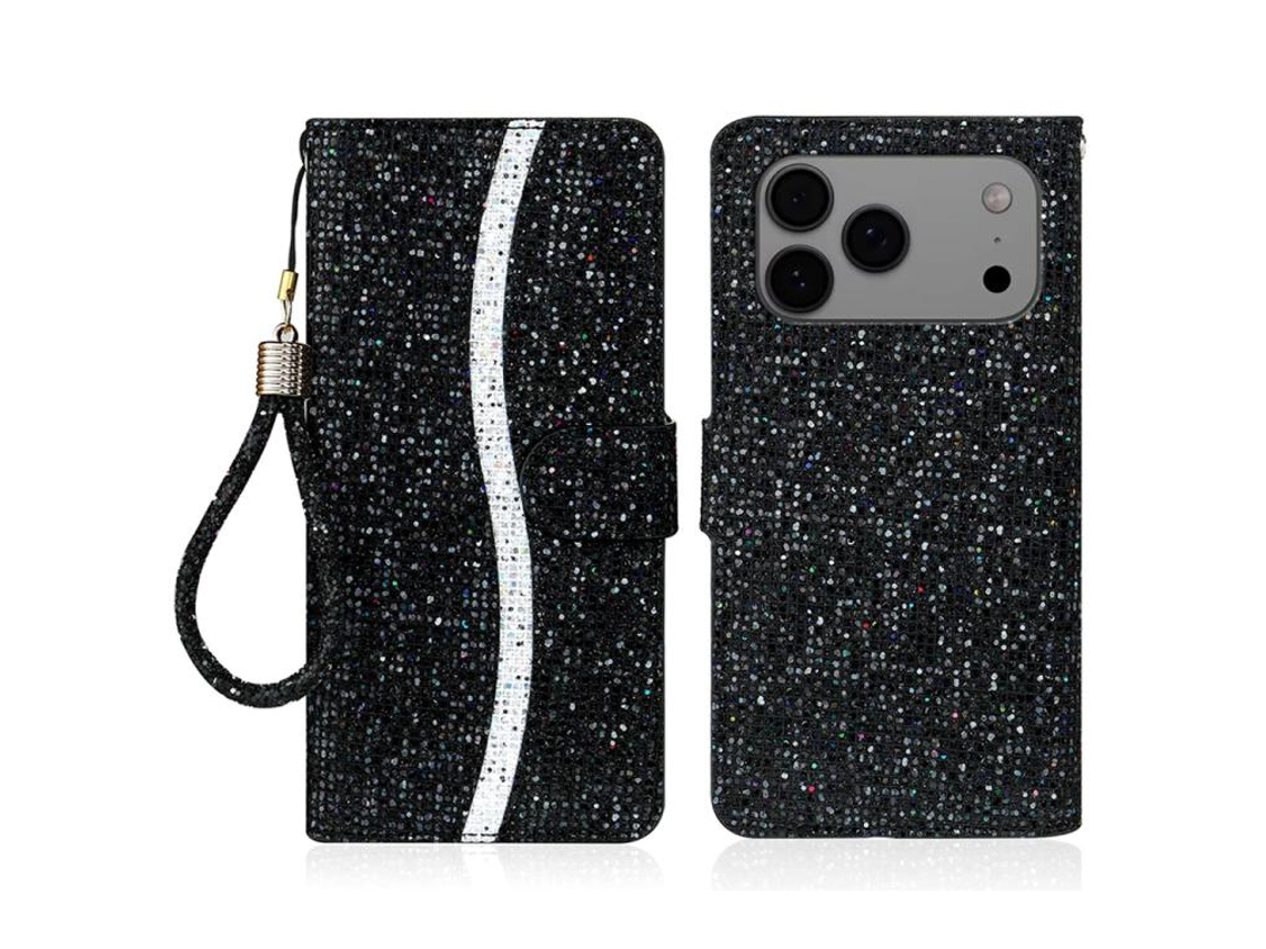 Capa De Couro Para Iphone 17 Pro Com Pó De Glitter