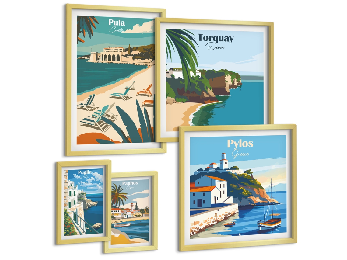 Conjunto De Pinturas Paisagens Litorâneas Da Europa Espelharte (5 Peças)