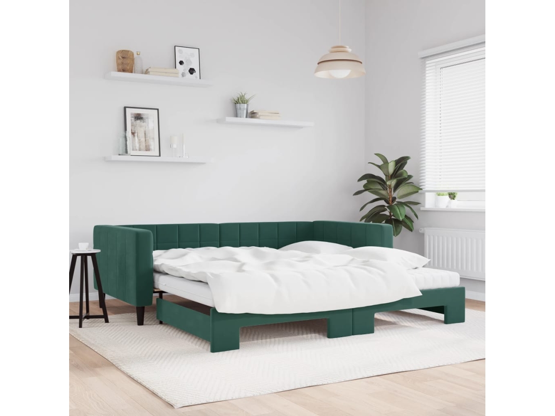 Sofá cama con cajón y colchones de 100x200cm, terciopelo verde oscuro