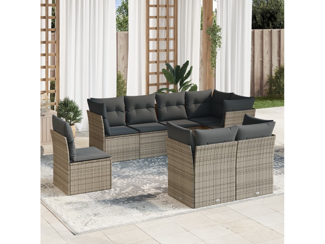 Vidaxl 8 Pcs Conjunto Sofás De Jardim C/ Almofadões Vime Pe Cinzento