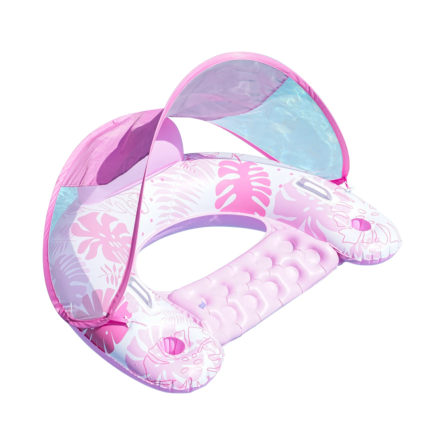 (rosa) Cadeira Inflável Para Piscina Com Guarda-sol E Porta-copos, Estilo Espreguiçadeira.