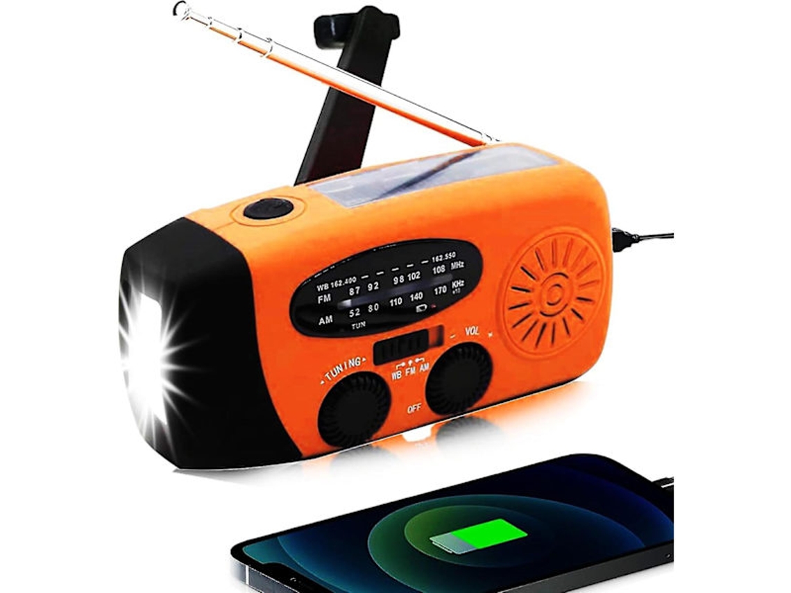 Rádio de manivela AQUAFORGE com célula solar, lanterna LED, bateria externa 2000mah