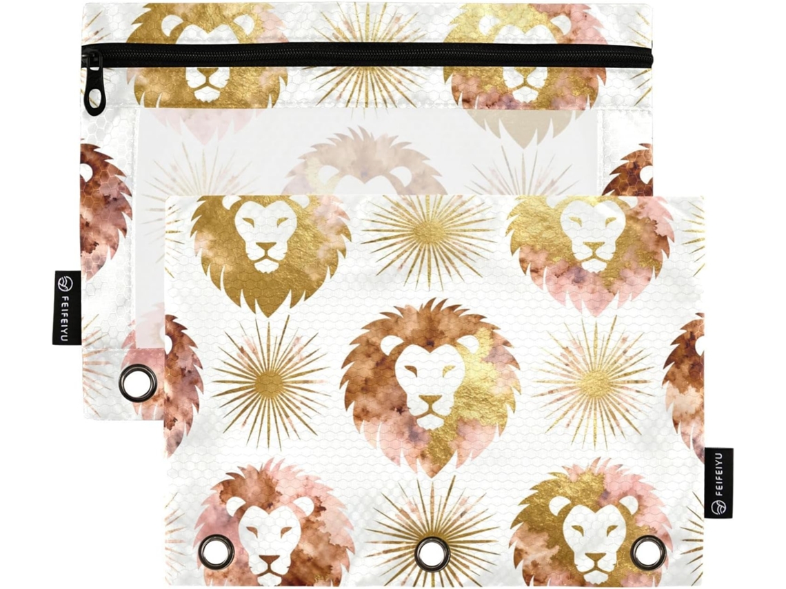 Pasta Leão Ouro Rosa, 3 argolas com janela transparente, grande armazenamento com zíper, resistente, 3 bolsas para materiais