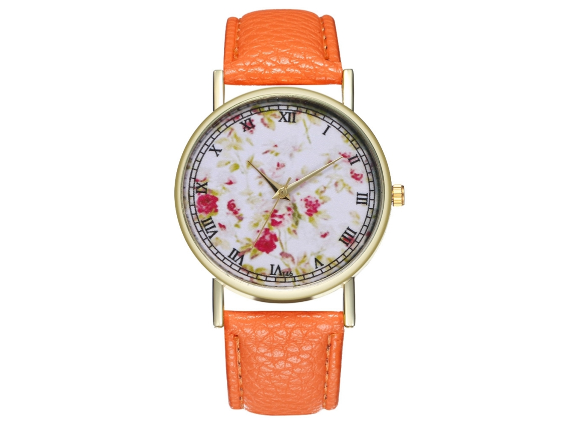 Relógio de pulso analógico de quartzo moderno com pulseira de aço e couro, unissex, laranja.