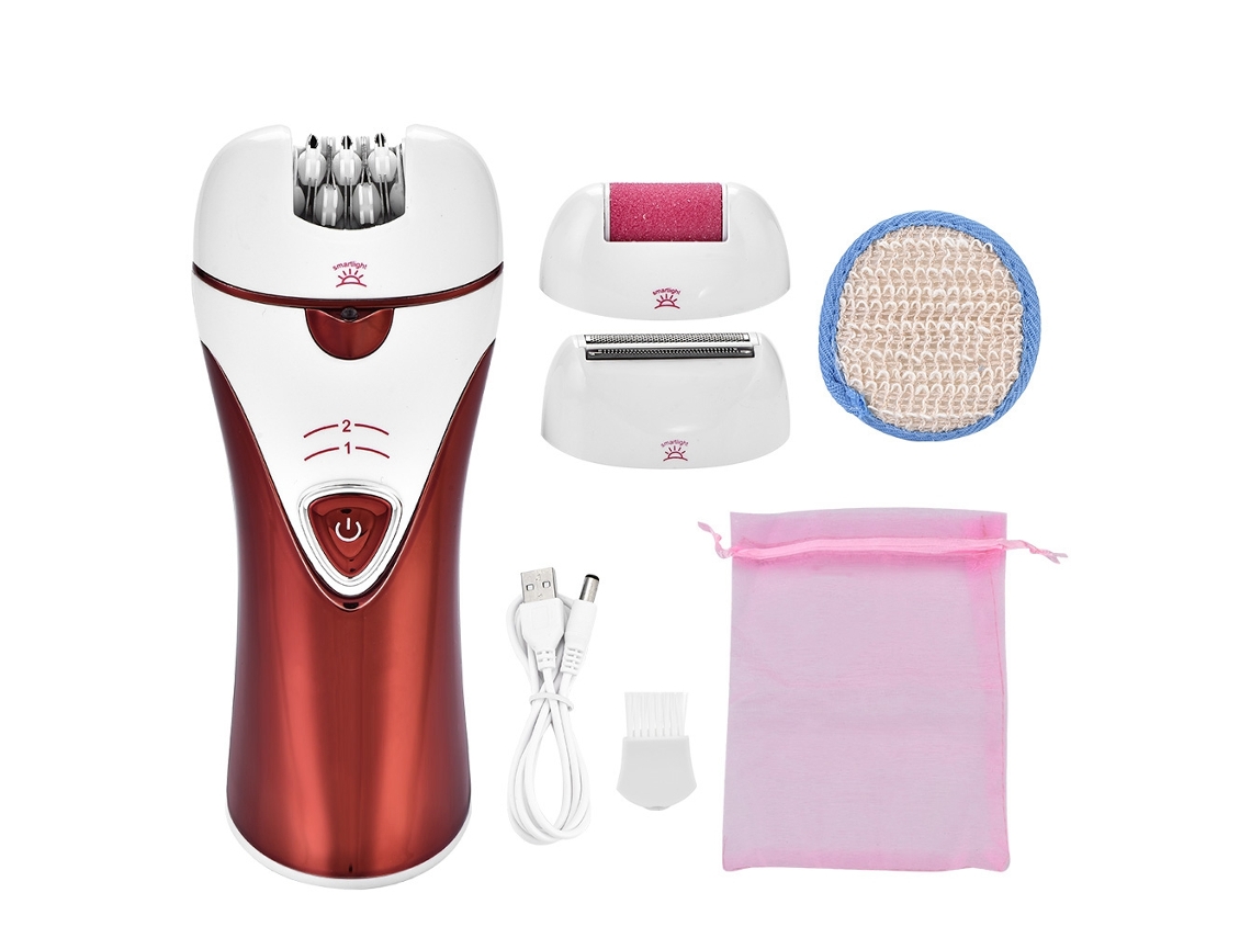 Depilador elétrico recarregável 3 em 1 para mulheres, modelo 2026, com funções de depilação e pedicure, na cor vermelha.