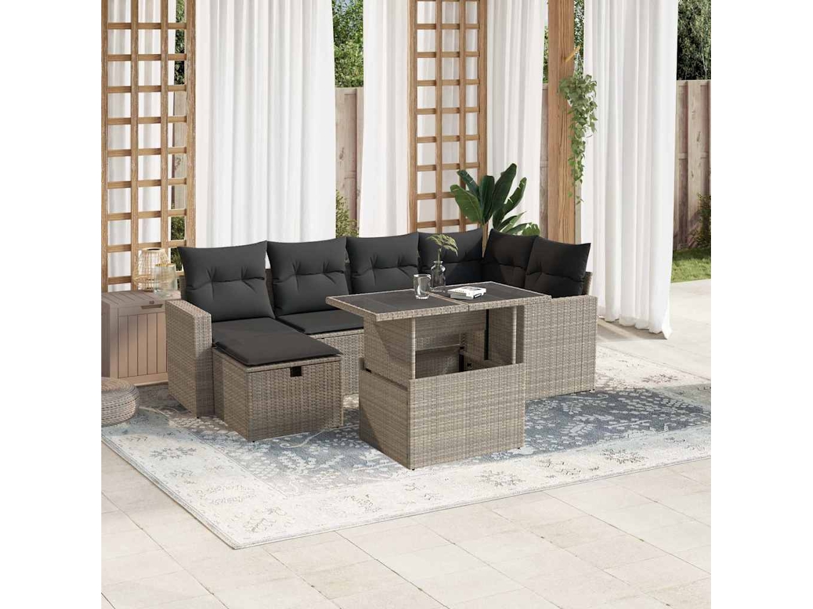 Vidaxl 7 Pcs Conj. Sofás Jardim Com Almofadões Vime Pe Cinzento-claro