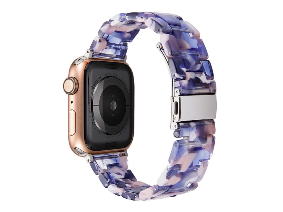 Pulseira transparente de resina cerâmica compatível com Huawei, Apple Watch 10e e Samsung Watch 7, estampa floral azul.