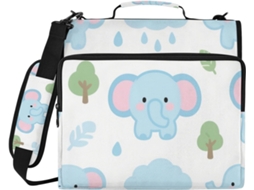 Pasta organizadora com zíper e 3 argolas em formato de elefante azul animado, com 1,5 dobras de compressão.