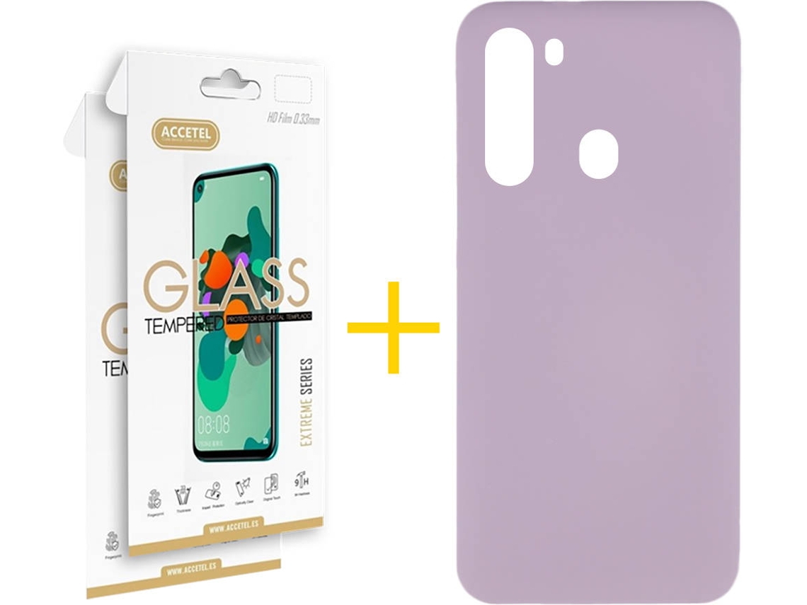 Capa e Película de Vidro 2 x Samsung Galaxy A21 ACCETEL Silicone Líquido Roxo