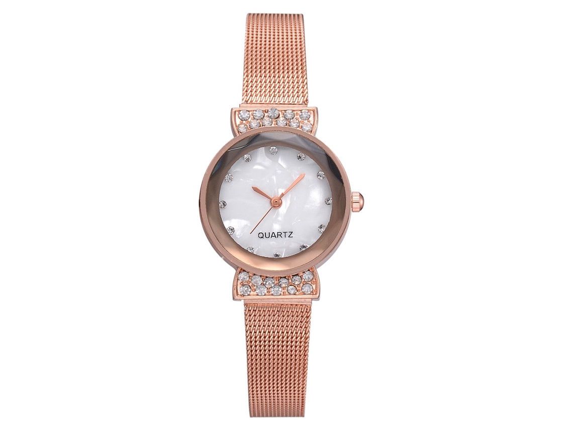 Relógio Feminino de Moda com Pulseira de Malha e Pedras Strass, Movimento de Quartzo Analógico