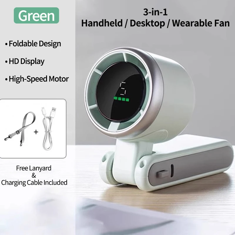 (verde) Mini Ventilador Portátil De Turbina 2026, 5 Velocidades De Vento, Recarregável Via Usb, Bateria De 3600mah