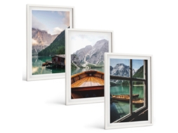 Composição De Quadros Lago Na Montanha, Barco, Chalés Moldura Branca Quadros Para A Sala De Estar Espelharte (3 Piezas De 40x60 Cm)