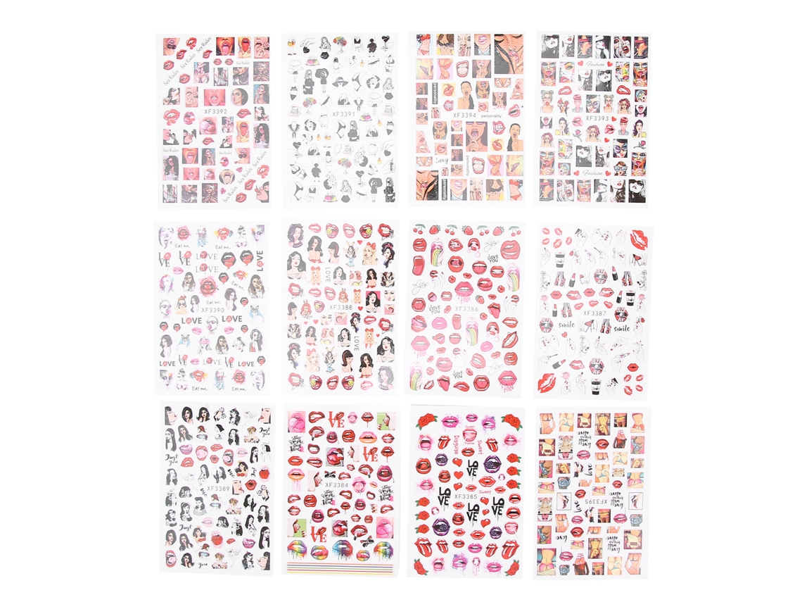 12 Folhas Adesivos De Unhas Com Padrões De Lábios Autoadesivos Para Decoração De Unhas Artísticos Diy