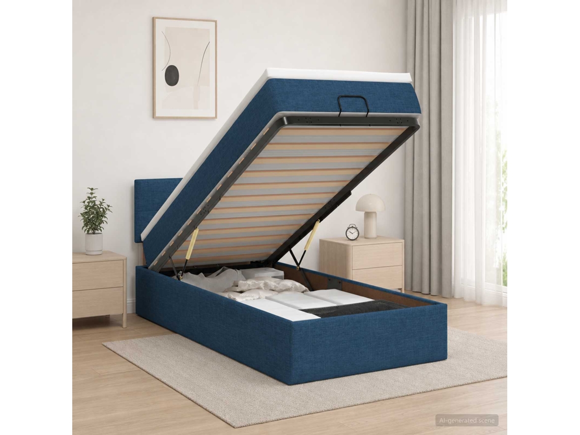 Vidaxl Cama Ottoman Com Colchão Com Cabeceira Azul 90 X 200 Cm Tecido