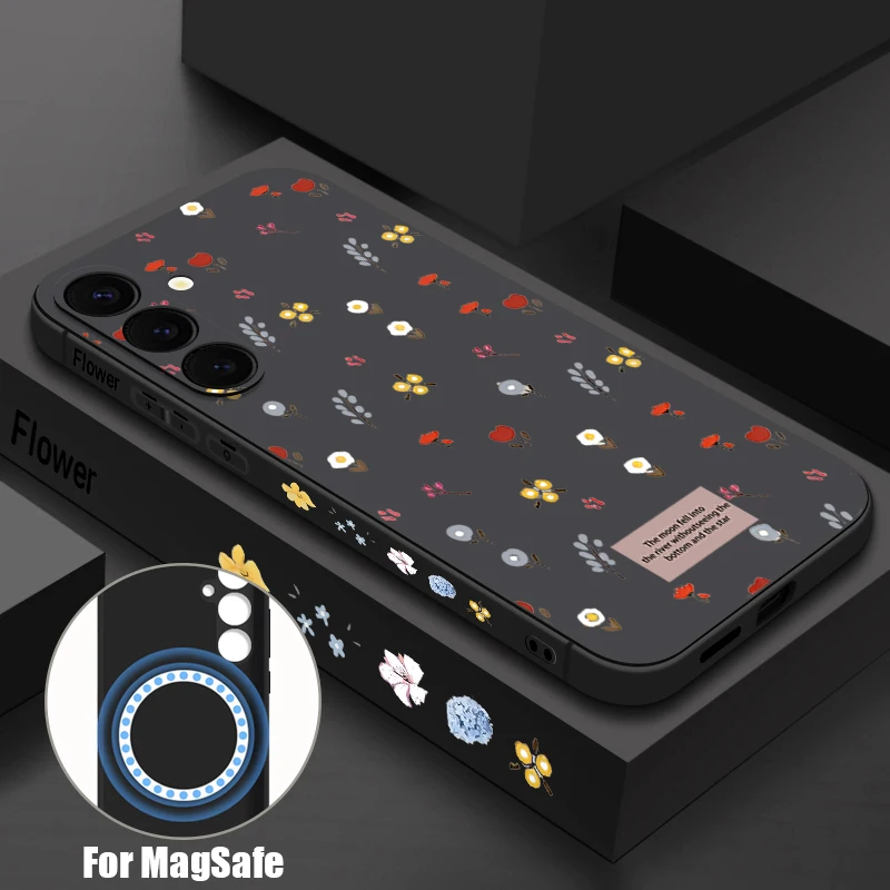 Capa Magnética Para Celular Galaxy S25 Ultra Com Estampa Floral (preta) E Função De Cordão.