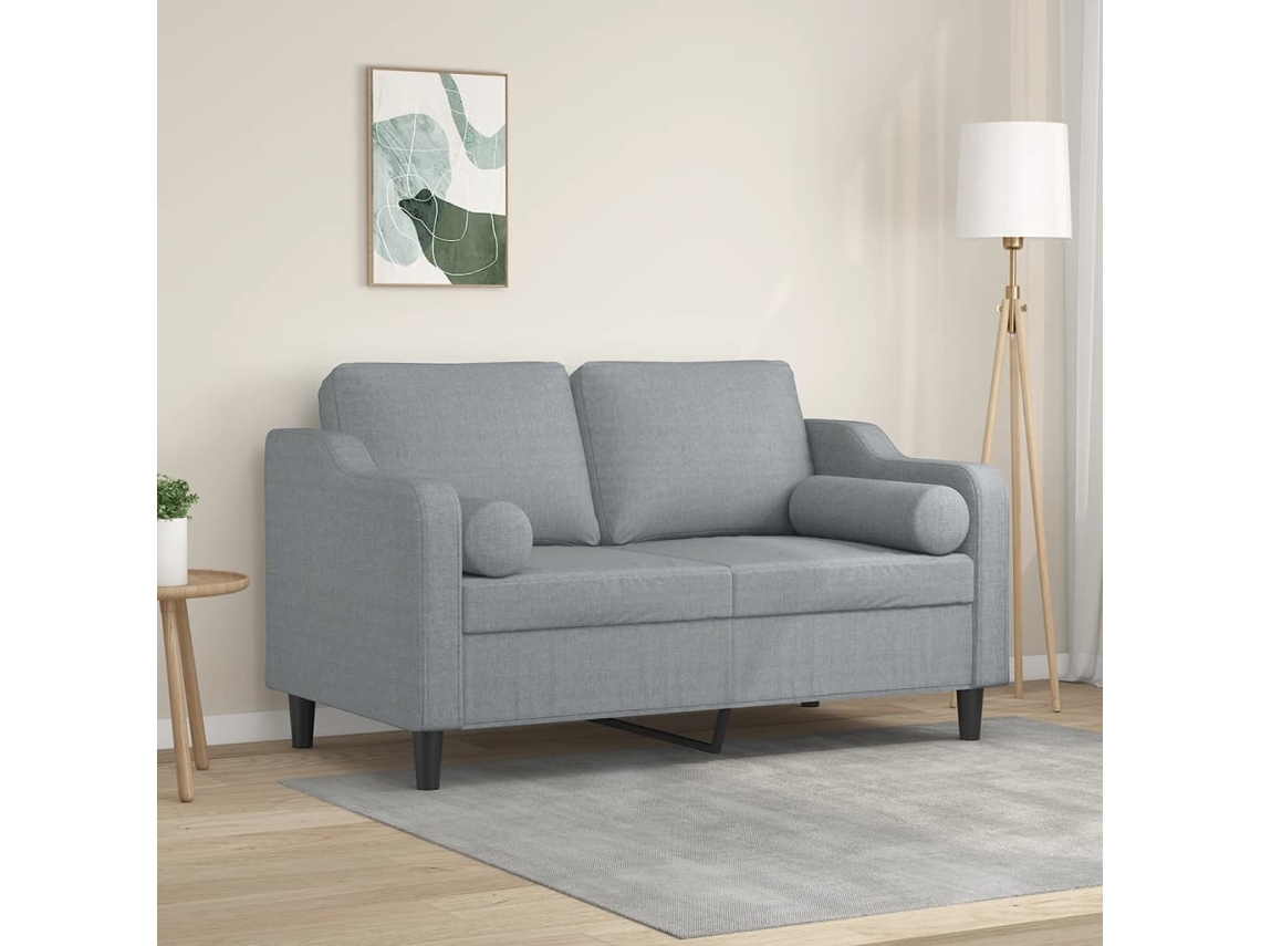Sofá 2 Lugares HARLANV1 com tecido cinza claro 120 cm e almofadas decorativas