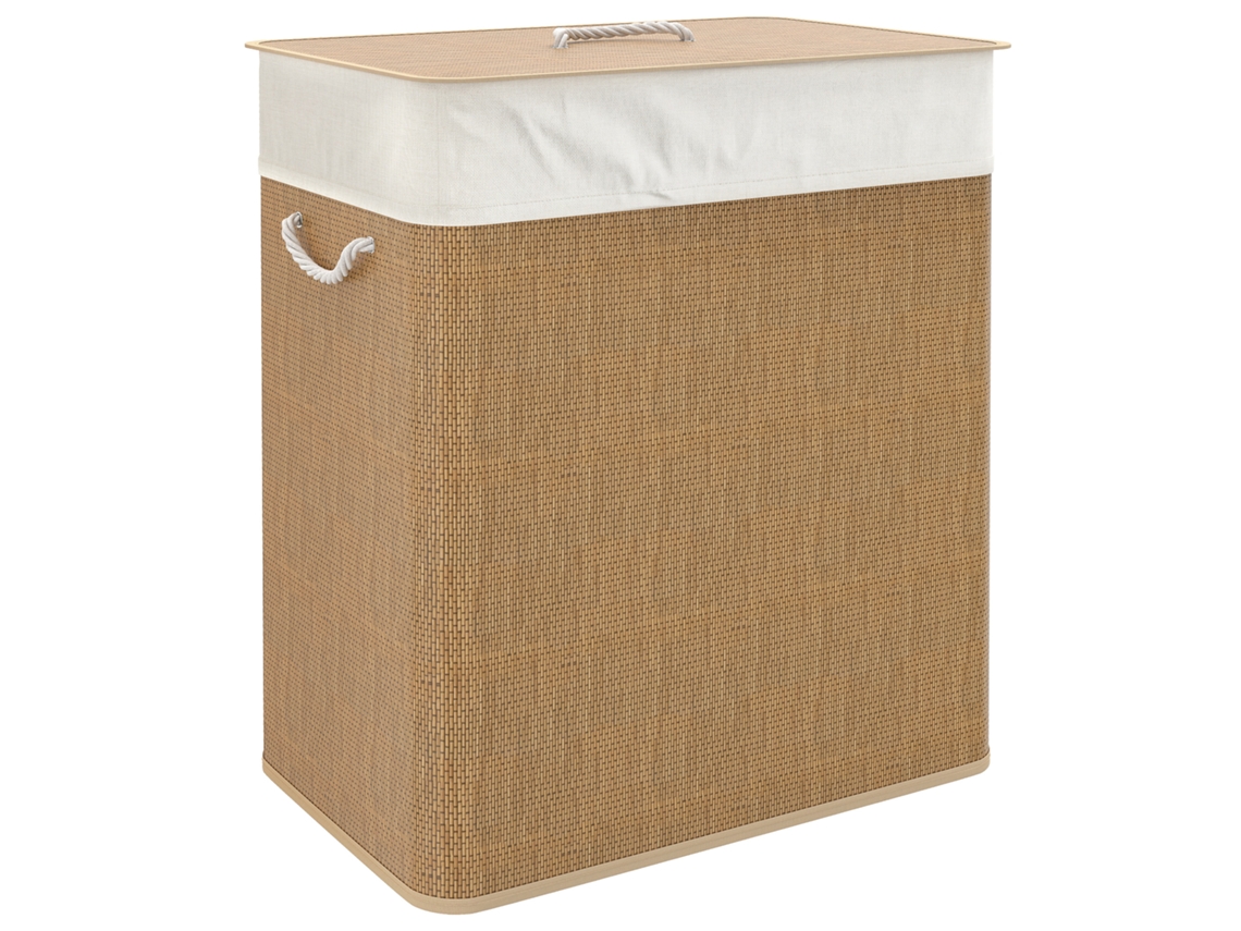 Cesta De Roupa Dupla Com Tampa, Em Bambu, Com Cabos De Corda