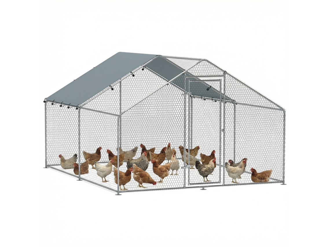 Grande Galinheiro Metálico 3x3,4x1,9 M com Capa Impermeável e Anti uv Prateada Ge