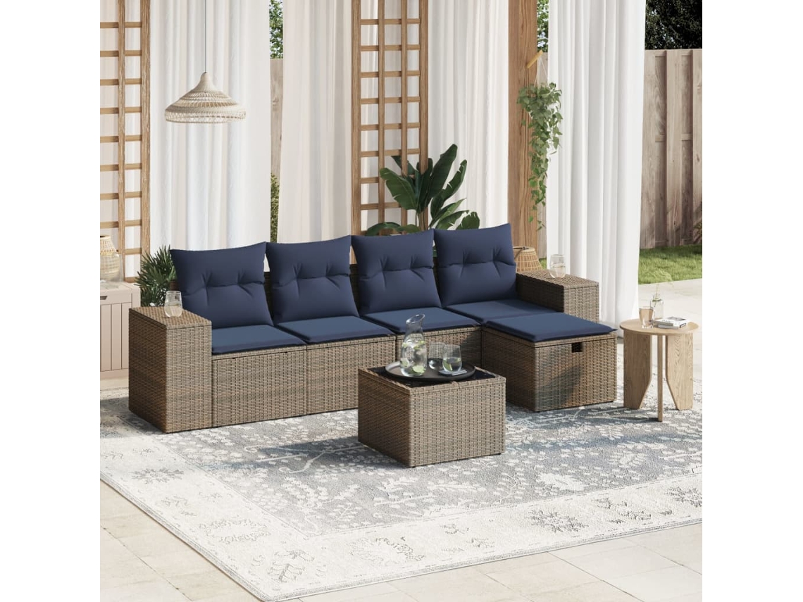 Vidaxl 6 Pcs Conjunto Sofás De Jardim Com Almofadões Vime Cinzento