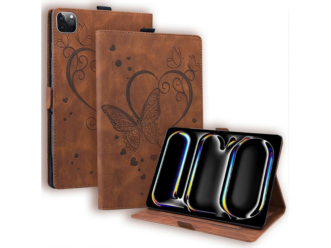 Capa de couro marrom Hengrongshen com estampa de borboleta para iPad Pro 11 com compartimentos para cartões (2024)
