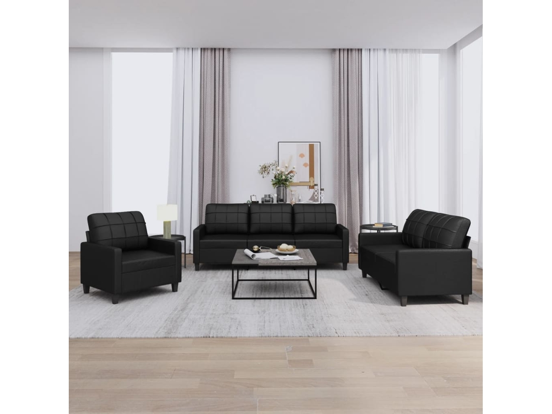 Vidaxl 3 Pcs Conjunto De Sofás Com Almofadões Couro Artificial Preto