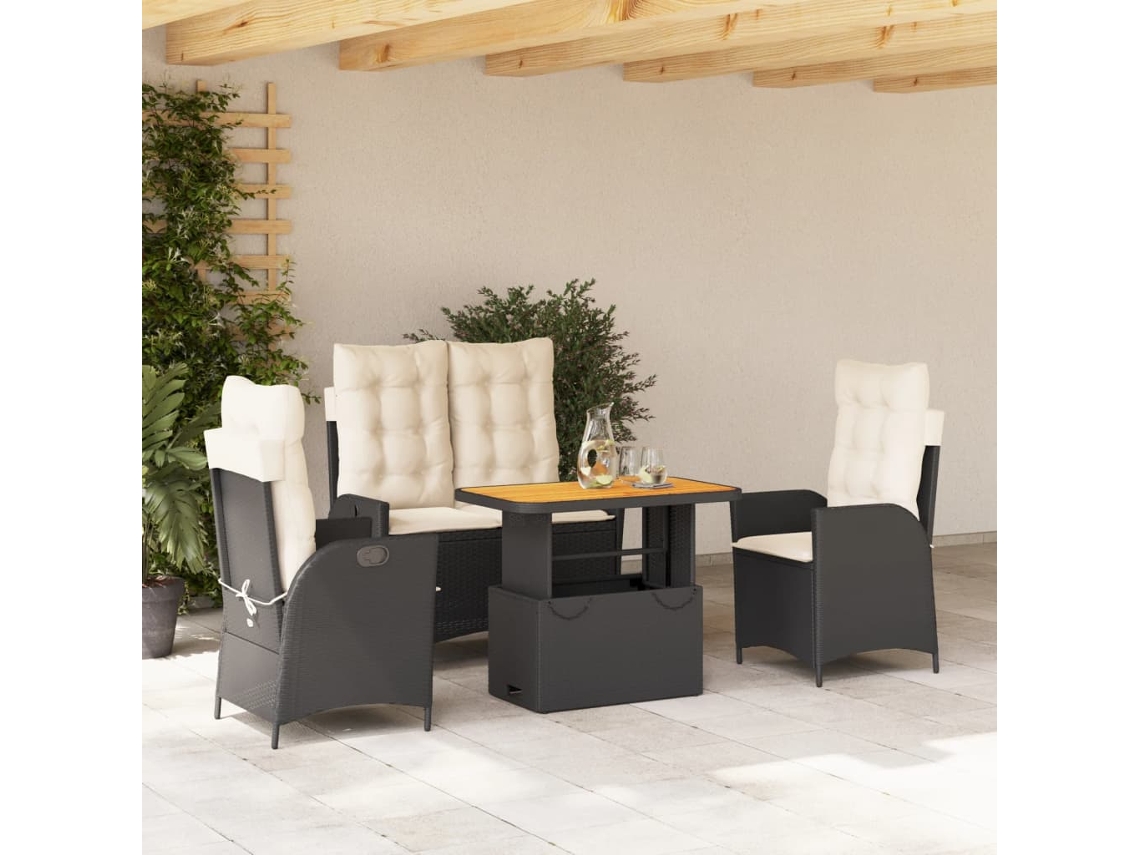 Conjunto de 4 Peças de Jardim P/ Jardim C/ Almofadões Vime Pe Preto Dkd Home Decor