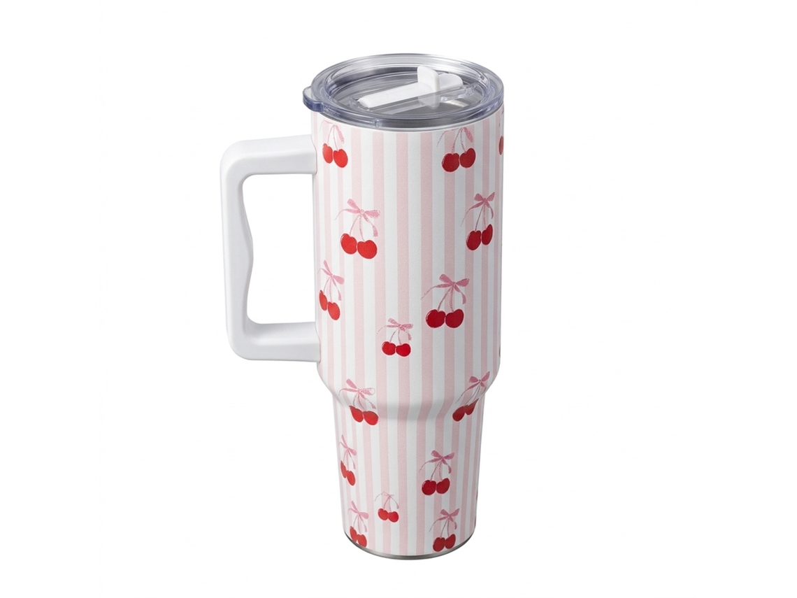 Copo Térmico Cerejas Bk 668-22 Branco + Vermelho
