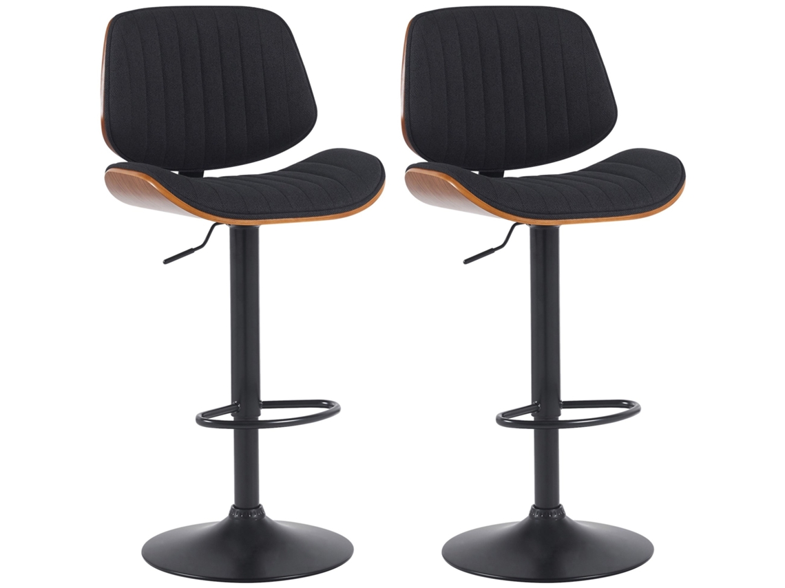 Conjunto de 2 banquetas de bar em estilo retrô moderno com assento em tecido preto, estrutura em madeira de nogueira e metal preto 10_0006701