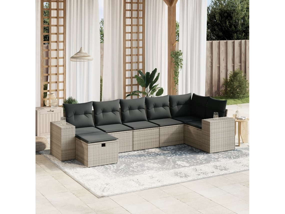 Vidaxl 7 Pcs Conjunto Sofás P/ Jardim C/ Almofadões Vime Pe Cinzento