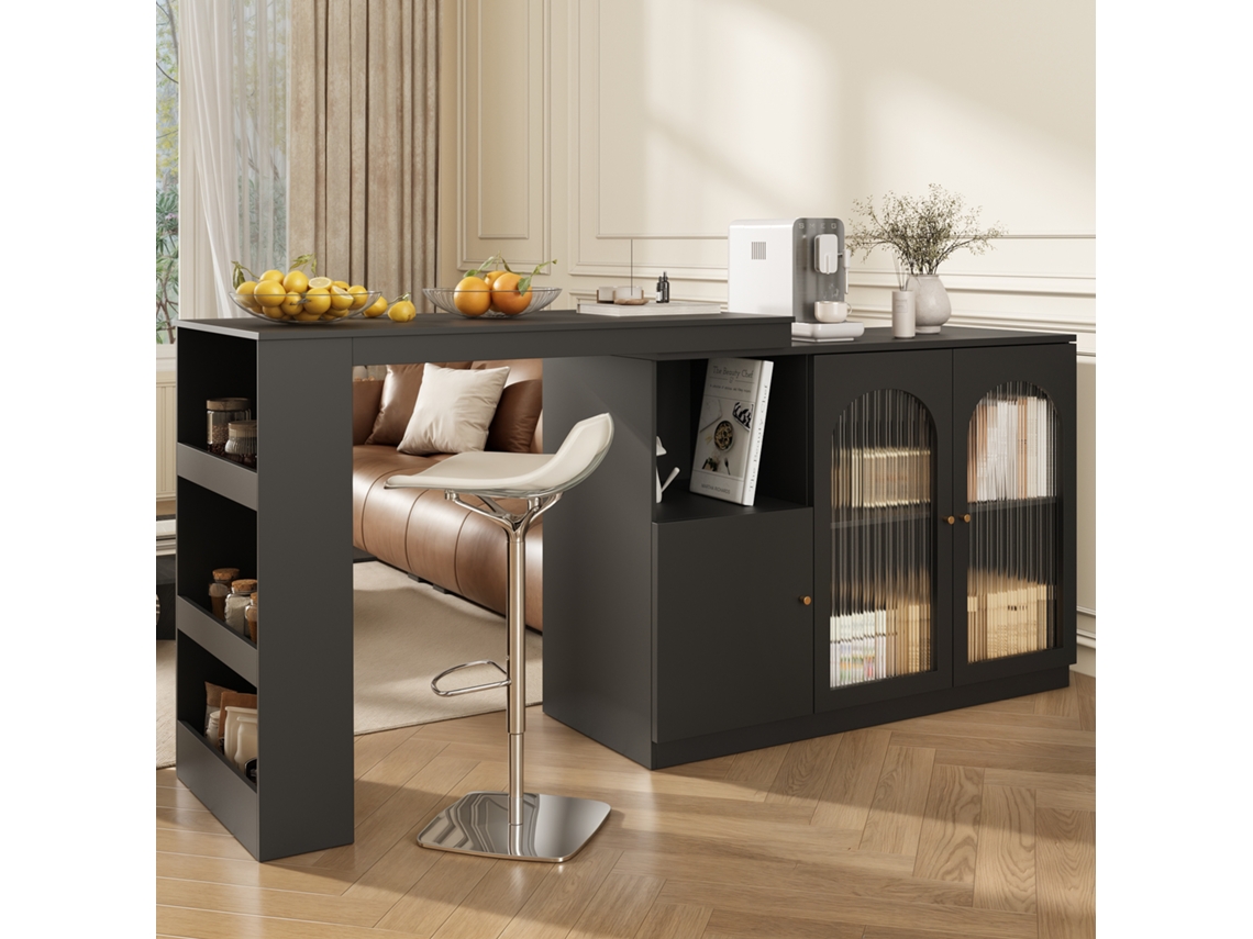 Mesa De Bar Giratória 360°, 120x40x97cm, Preta, Armário Com Porta De Vidro, Multifuncional