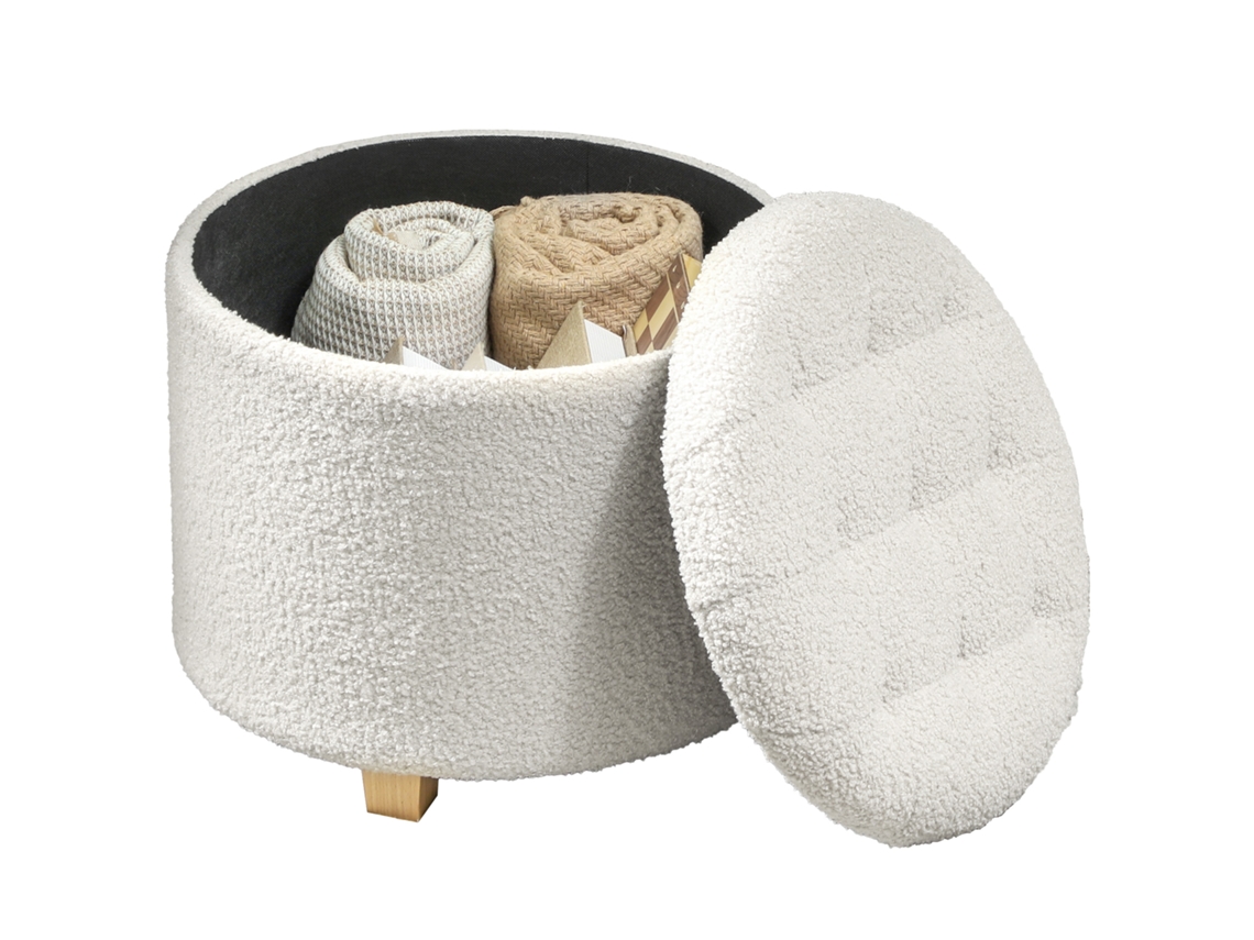 Puf Baú, Banco Redondo, Apoio Para Os Pés Em Tecido Trançado, Capacidade De Carga De 120 Kg, Ø 45 X 41 Cm, Branco, Com Acabamento De Qualidade