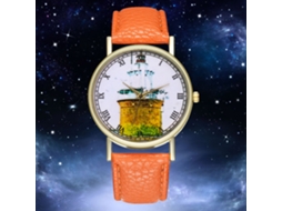 Relógio de quartzo com pulseira de couro, estilo simples e moderno, decorado à mão, laranja.