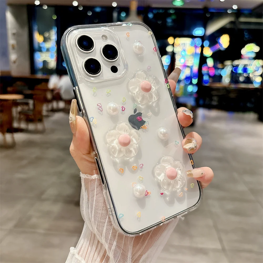 Capa Para Celular 3d Com Estampa De Flor Fofa (iphone 14 Pro, Preta), Compatível Com Iphone, Capa Protetora À Prova De Choque.