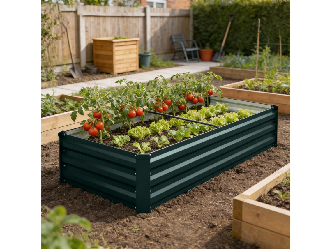 Jardineira Retangular para Horta de Jardim em Aço Galvanizado, com Borda de Segurança e Fundo Aberto 150x70x30cm Verde