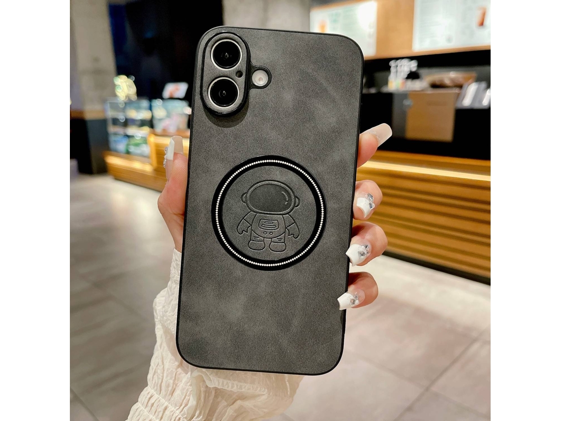 Capa Para Iphone 17 Air Preta Magnética Em Pele De Cordeiro Com Desenho Simples De Astronauta.