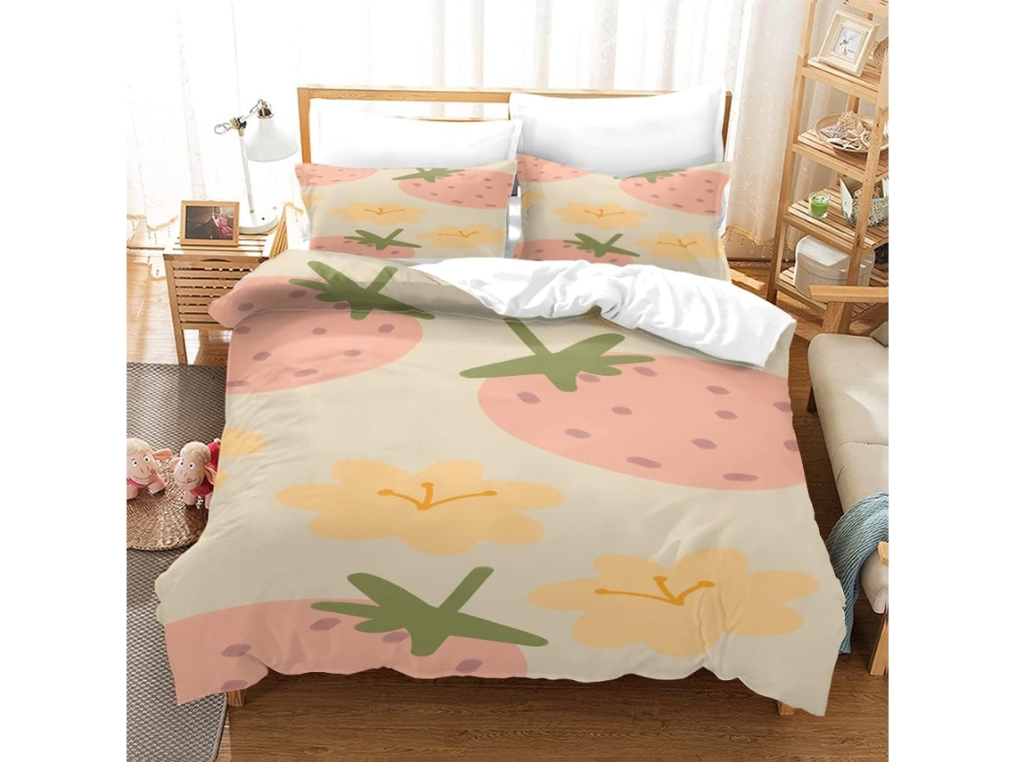 Capa de Edredom com Estampa 3d Morango Ros em Microfibra Fronha 240x260cm, 240 X 260 Cm