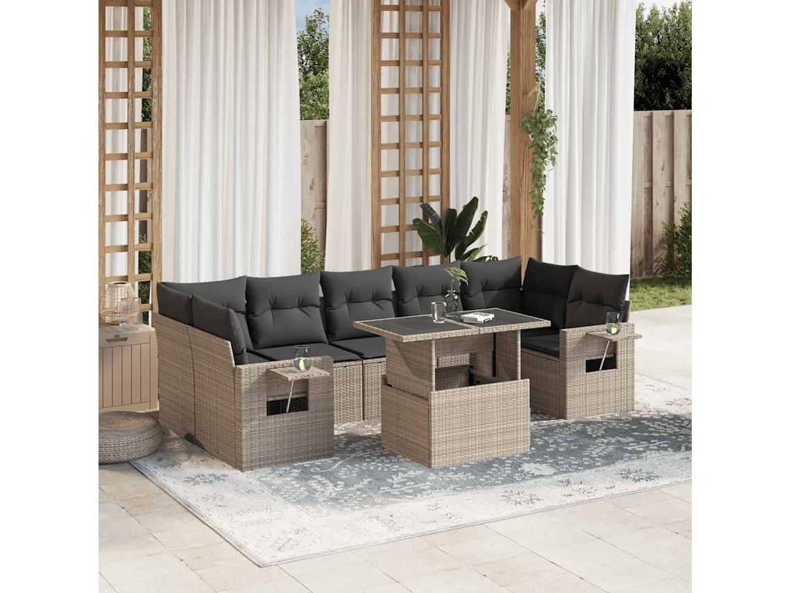 Vidaxl 8 Pcs Conj. Sofás Jardim C/ Almofadões Vime Pe Cinzento-claro