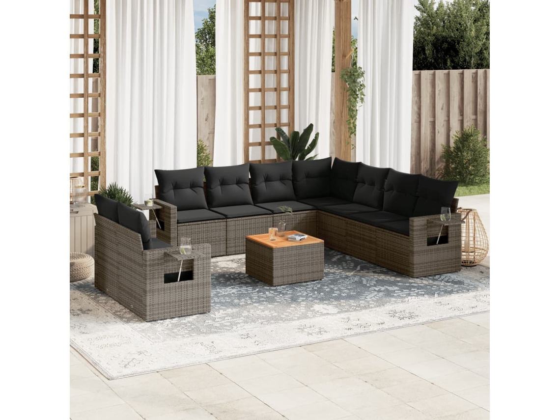 Vidaxl 10 Pcs Conjunto Sofás De Jardim C/ Almofadões Vime Pe Cinzento