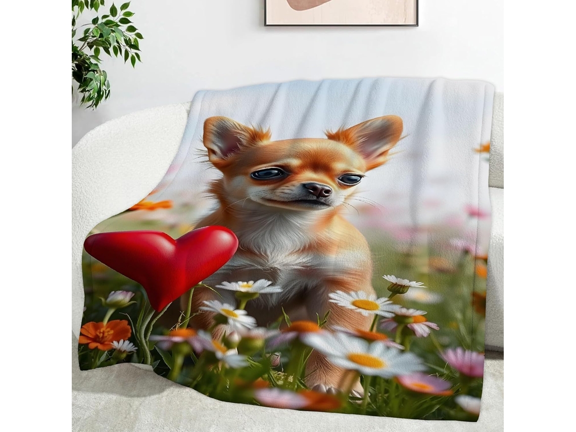 Manta em Formato de Coração com Estampa Chihuahua 130x150 Cm Multifuncional Macia e Aconchegante Flanela Ideal