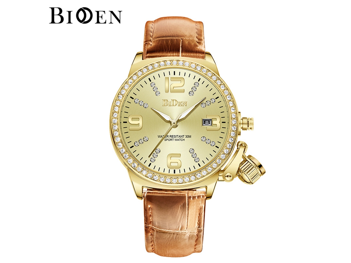 Relógio Feminino MDUG com ponteiros luminosos, diamantes, movimento de quartzo, cinto marrom e face dourada