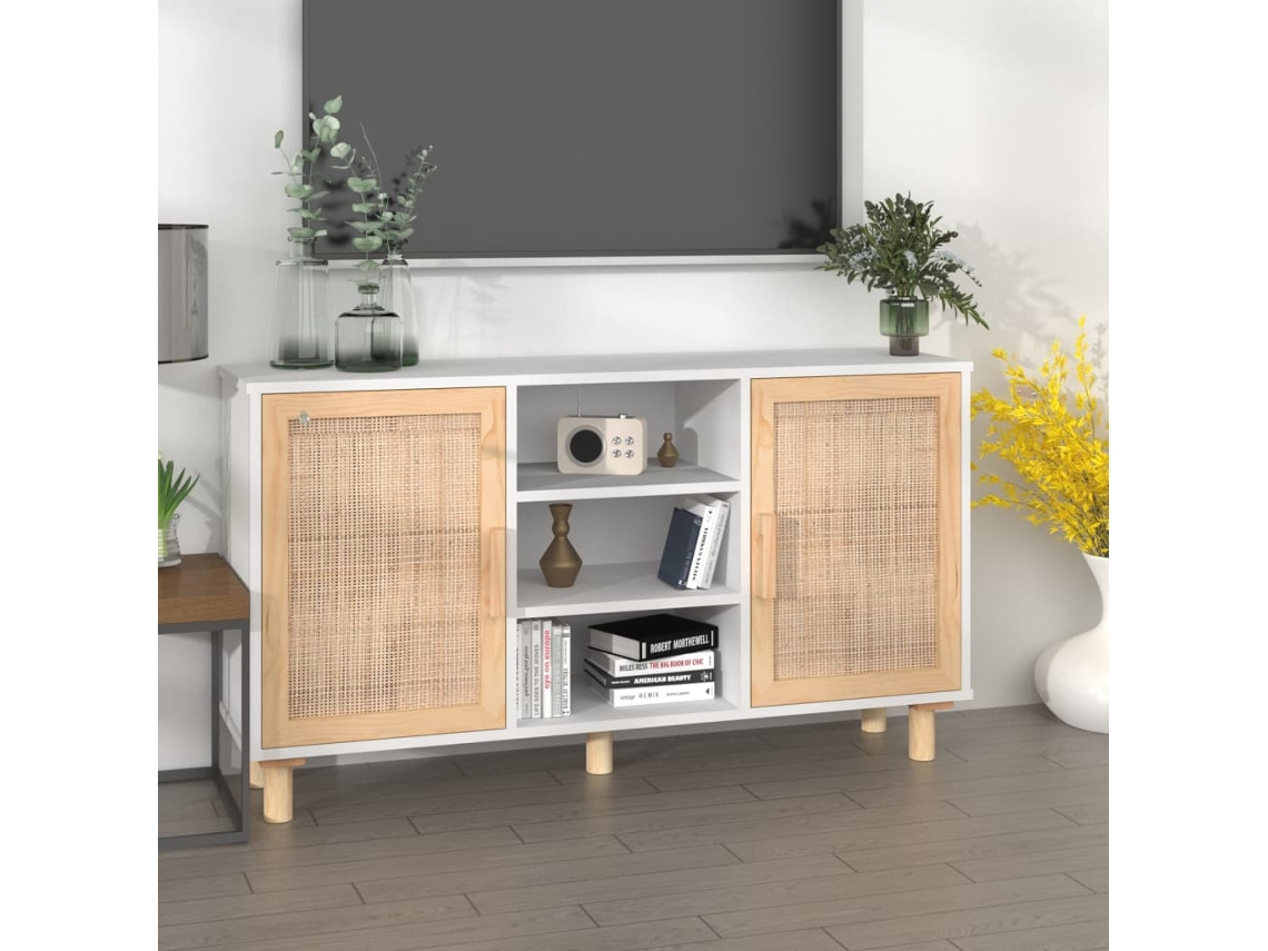 Aparador | Buffet | Armário De Apoio 105x30x60 Cm Madeira Pinho Maciça/vime Natural Branco Wsd431546 Lovely Home