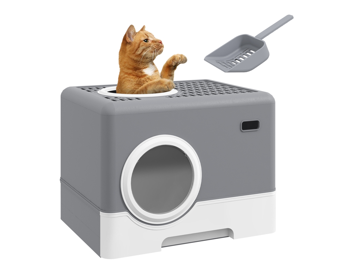 Caixa de Areia para Gato, Coberta, com Pá, Bandeja Removível, Entrada e Saída Superior 52x41x38,5 Cm Cinza S/MARCA