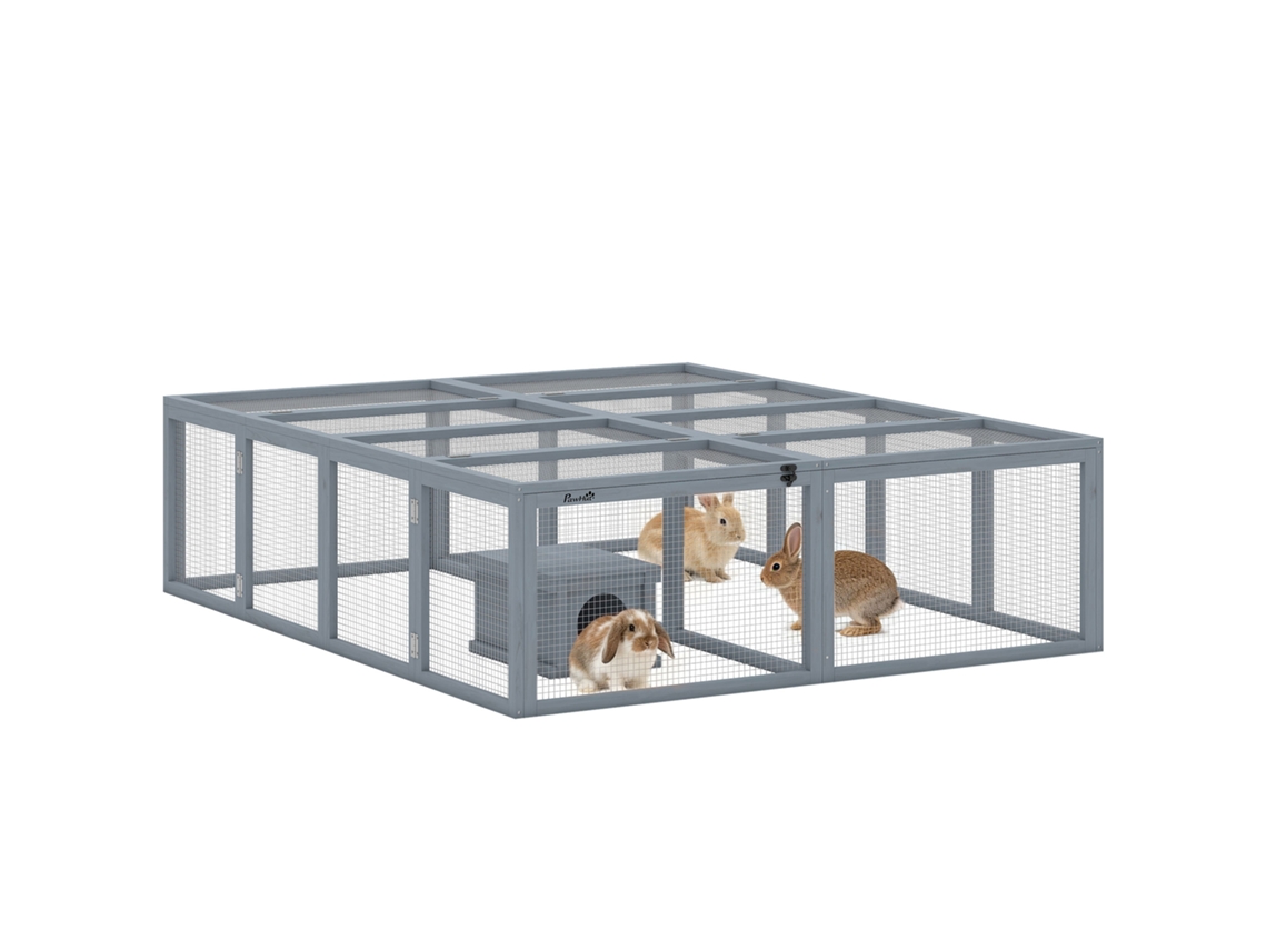 Gaiola de madeira para coelhos ao ar livre, com 2 portas, para 2-4 coelhos, 180,4x150x48cm, cinza