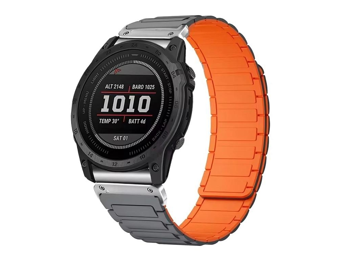 Bracelete Para Garmin (20mm) - Silicone Magnético - Três Contas Cinza, Laranja E Conector Prateado