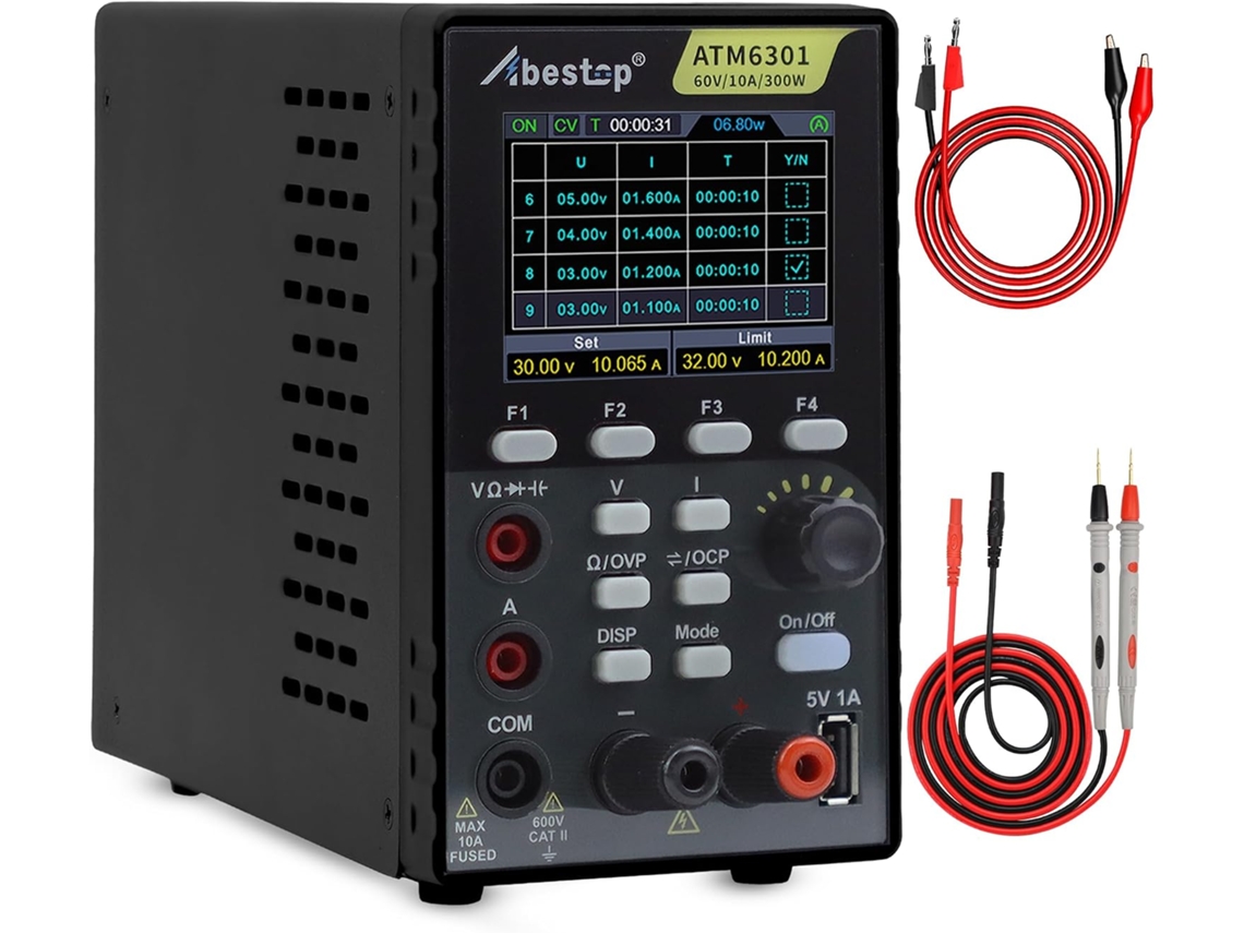 ATM6301 2 em 1: Fonte de alimentação CC + Multímetro 0-60V/0-10A/300W, múltiplas funções de proteção com display LCD de 2,8 polegadas