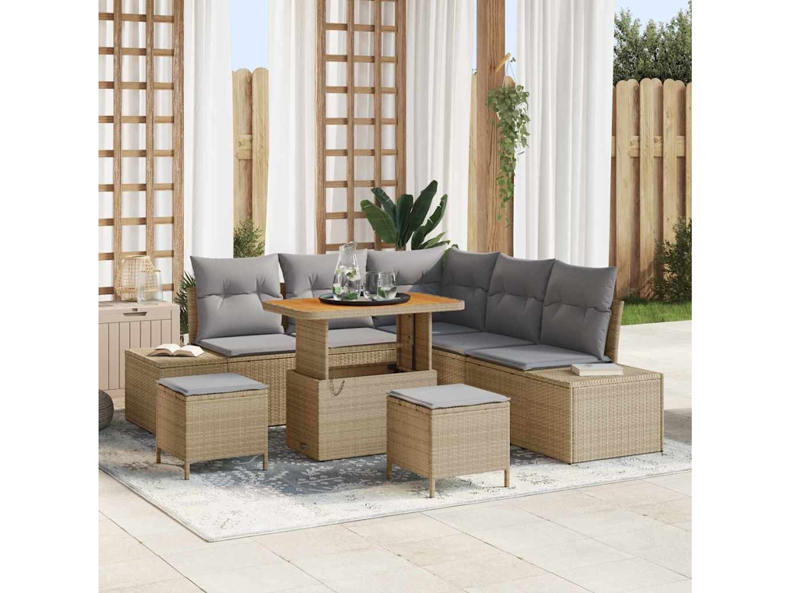 Vidaxl Conjunto De Sofá De Jardim Com Almofada 8 Pcs Bege Vime Pe