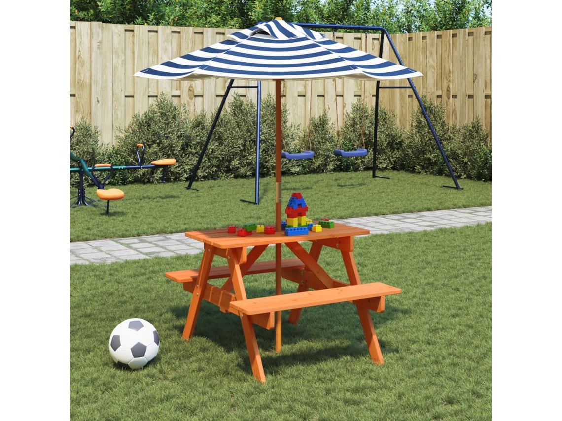 Vidaxl Mesa De Piquenique Para 4 Crianças Com Guarda-sol Abeto Maciço