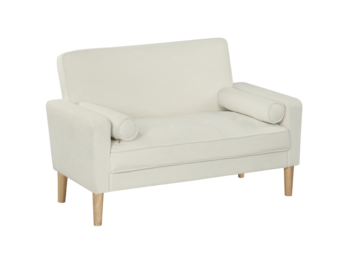 Sofá 2 Lugares Em Veludo 130 Cm, Assento Capitoné, Pernas Madeira, Creme
