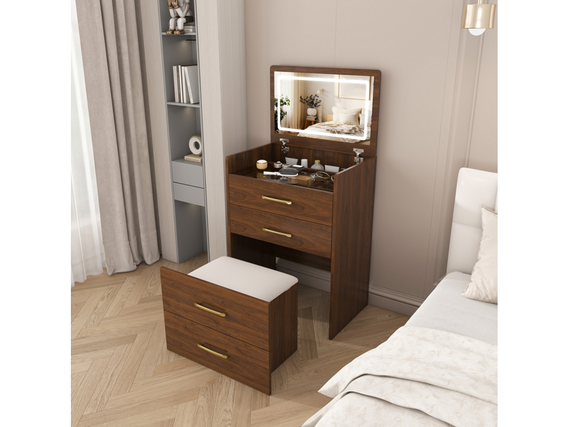 Mesa De Maquilhagem 60 X 118 X 40 Cm - 3 Em 1 Com Espelho Aberto, Tampo Em Vidro, 3 Gavetas, Design Compacto - Cor Nogueira