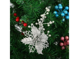Conjunto De 10 Flores Artificiais De Natal Poinsettia Com Clip De Liga Metálica 15cm Glitter Prata